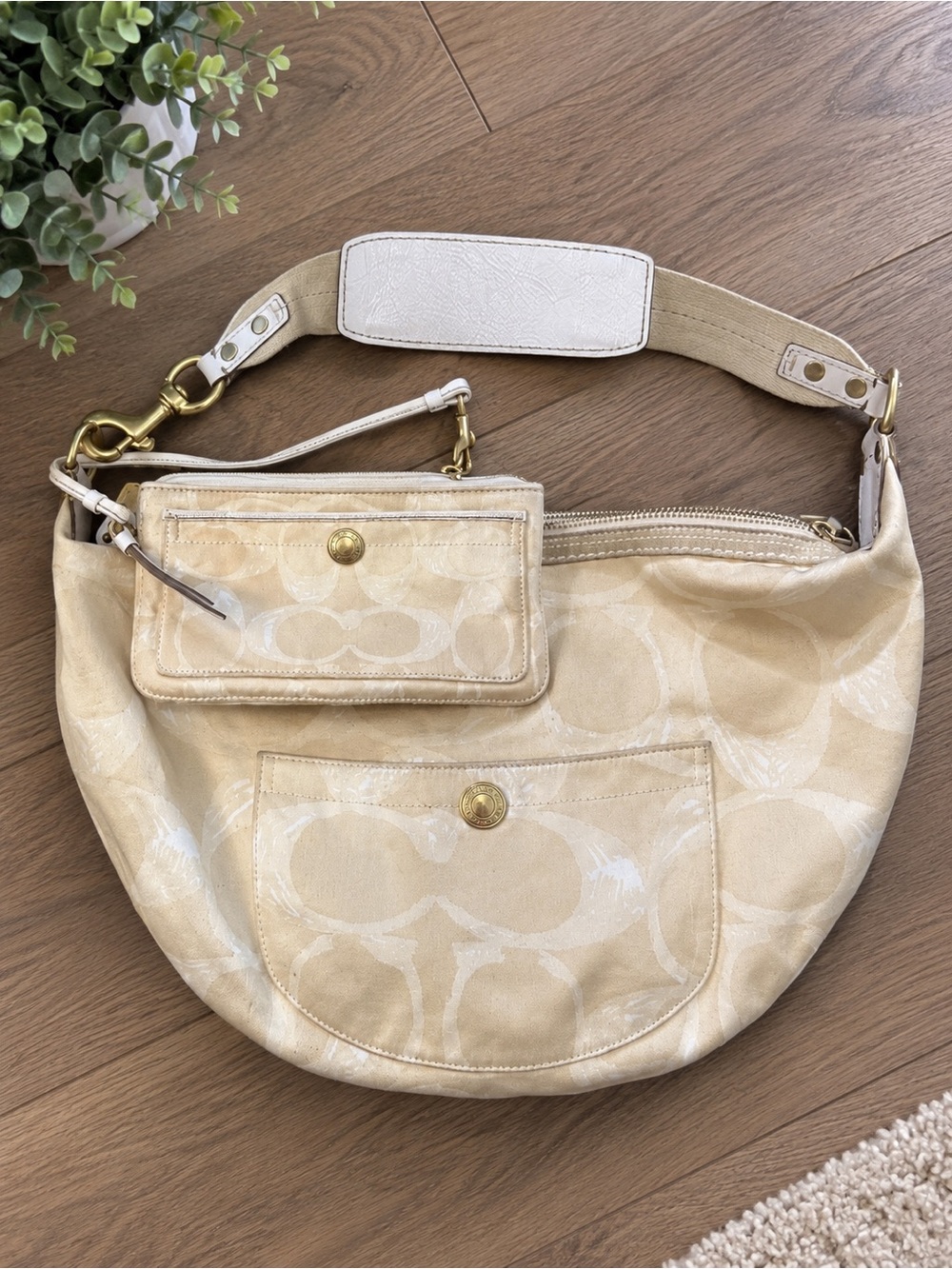 Coach Beige Signature Canvas Shoulder Hobo with Gold Hardware